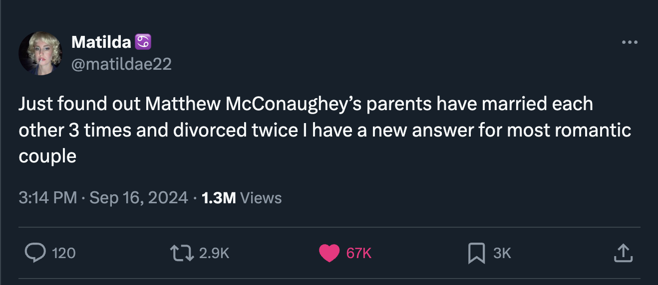 screenshot - Matilda Just found out Matthew McConaughey's parents have married each other 3 times and divorced twice I have a new answer for most romantic couple 1.3M Views 120 67K 3K